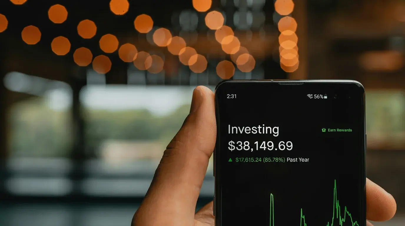 A hand holding a phone showing a portfolio balance and green performance chart, warm string lights glowing out of focus behind.