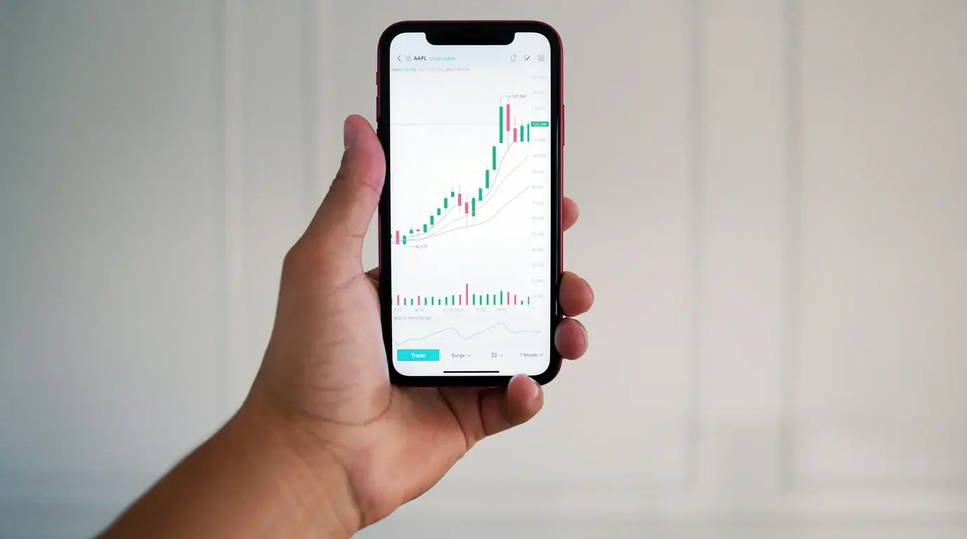 A hand holding a phone against a plain pale wall, its screen filled with a rising green and red candlestick chart.