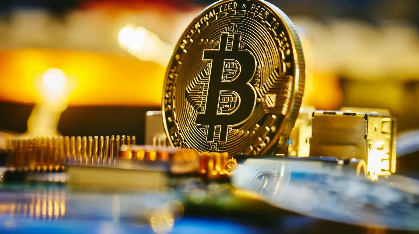 A gold-coloured Bitcoin token resting upright on a circuit board among gold connector pins, warm lights behind.