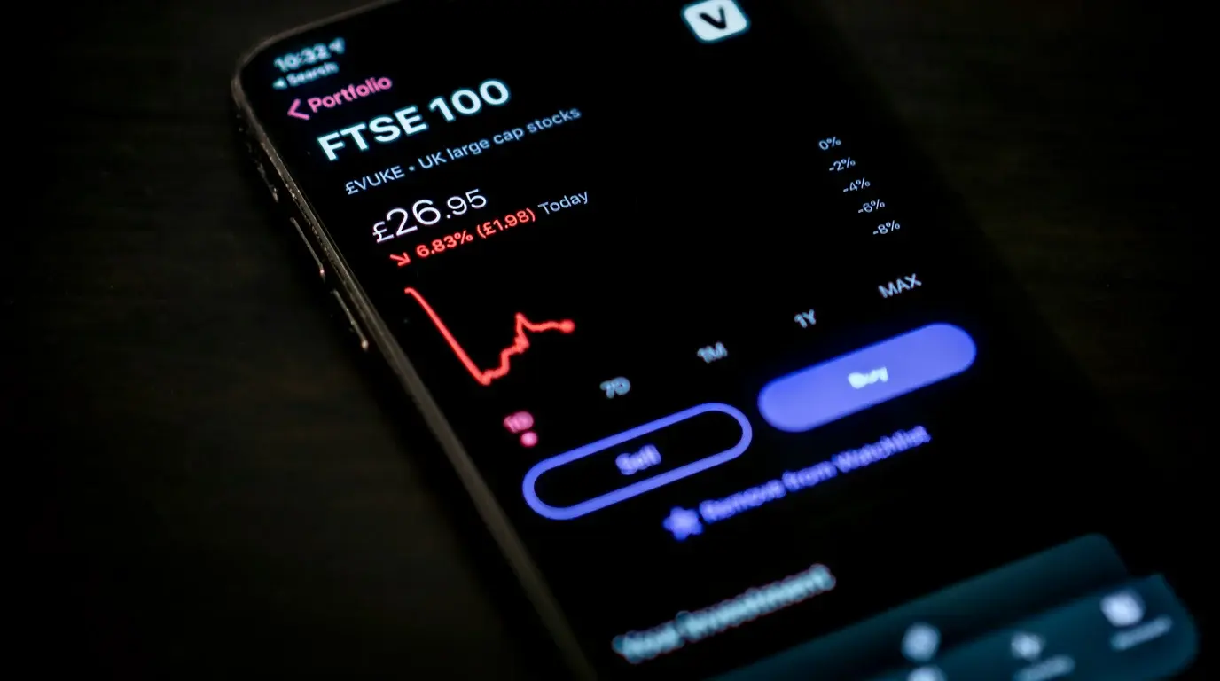 Close-up of a smartphone in darkness showing a falling red price line, a percentage drop and blue buy and sell buttons